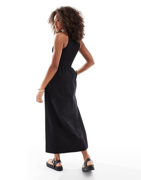 ASOS DESIGN racer crinkle bodice poplin skirt midi dress in black - Image 2