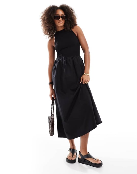 ASOS DESIGN racer crinkle bodice poplin skirt midi dress in black - Image 3