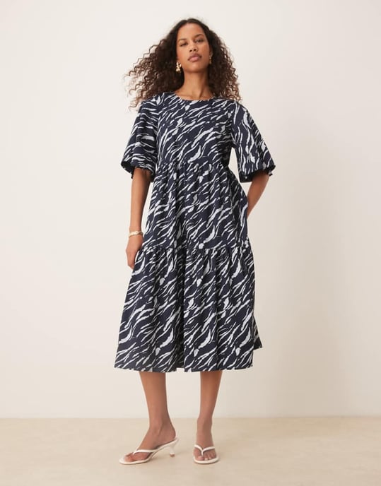 JDY tiered short sleeve midi dress in navy zebra print - Image 1