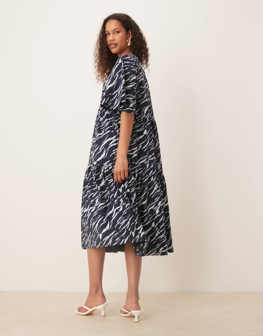 JDY tiered short sleeve midi dress in navy zebra print - Image 4