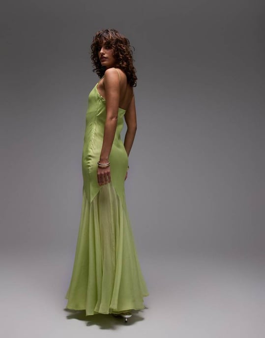 Topshop premium mixed fabric godet hem midi dress in lime - Image 4