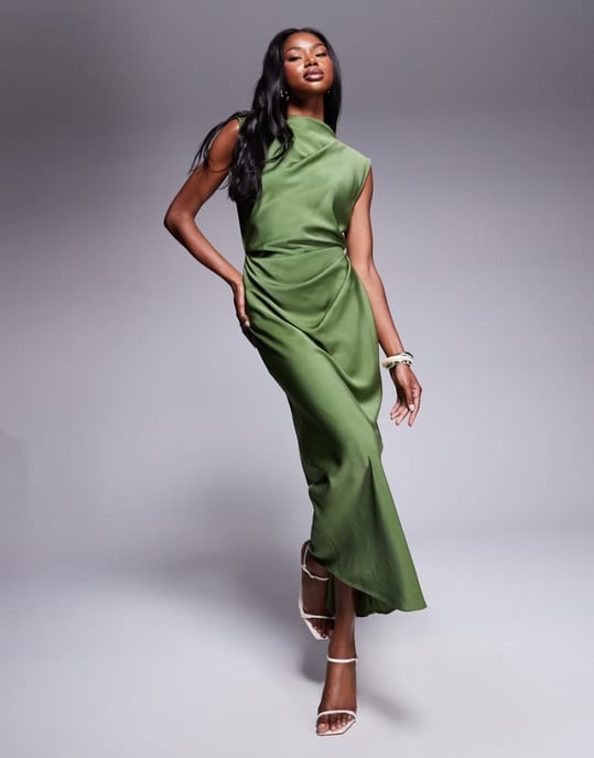 asos green high neck dress DESIGN satin pleated bodice midi in olive b2b