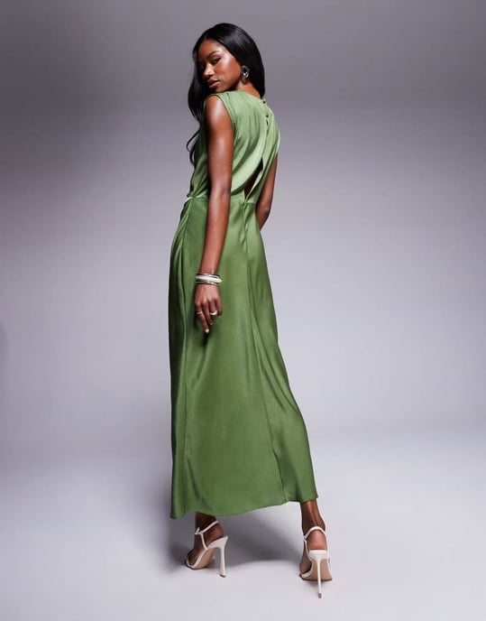 asos pleated dress green DESIGN satin high neck bodice midi in olive Elevate your wardrobe with