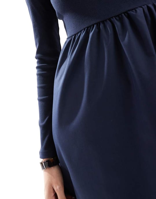 Threadbare long sleeve jersey poplin mix midi dress in navy - Image 3