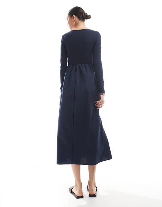 Threadbare long sleeve jersey poplin mix midi dress in navy - Image 4