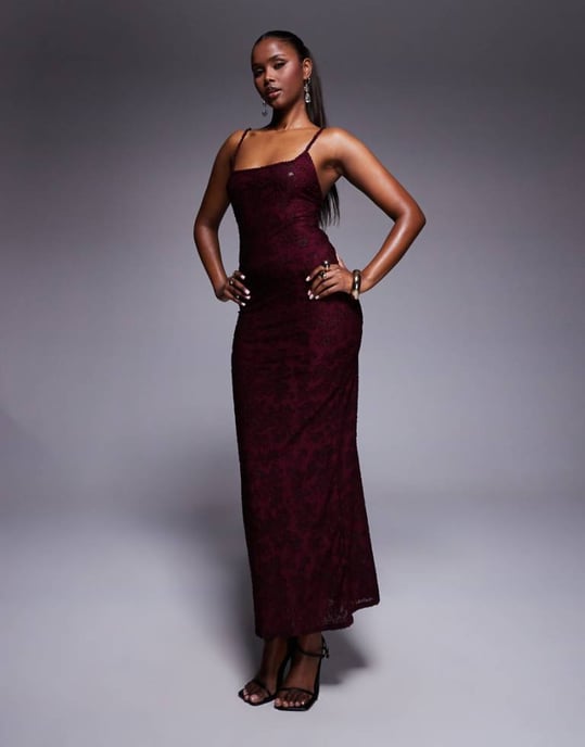 ASOS DESIGN cami square neckline sheer devore midi dress in wine - Image 1