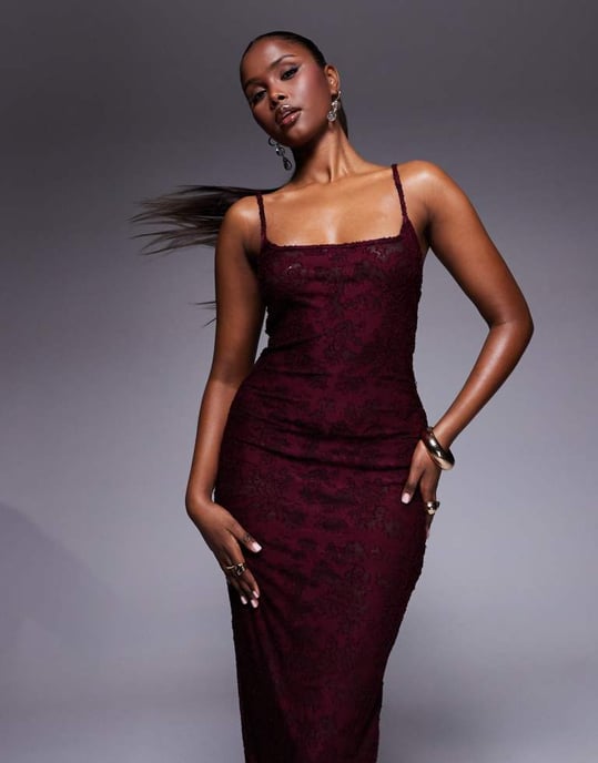 ASOS DESIGN cami square neckline sheer devore midi dress in wine - Image 2