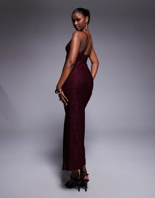 ASOS DESIGN cami square neckline sheer devore midi dress in wine - Image 3