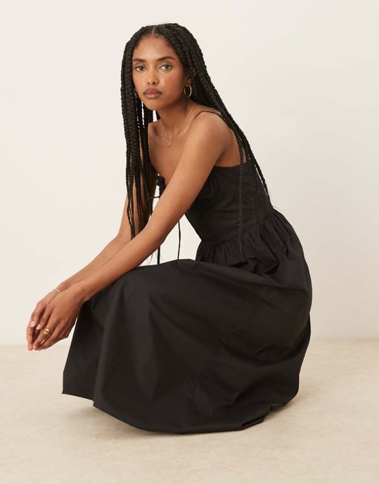 Glamorous poplin midi dress with tie bust in black - Image 2