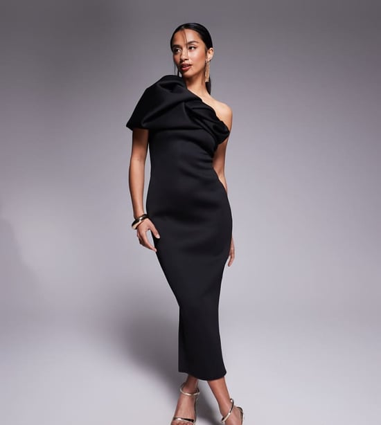 ASOS DESIGN Petite structured puff sleeve bandeau midi dress in black in scuba-style fabric - Image 1