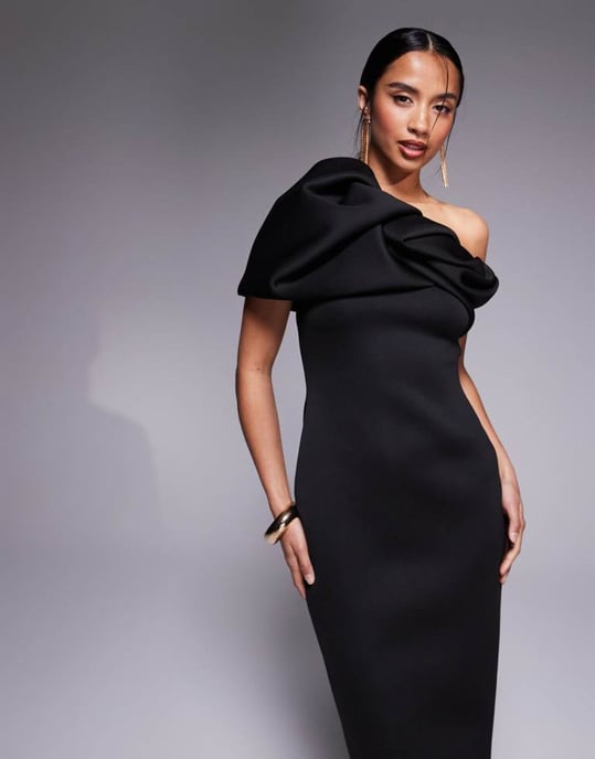 ASOS DESIGN Petite structured puff sleeve bandeau midi dress in black in scuba-style fabric - Image 4