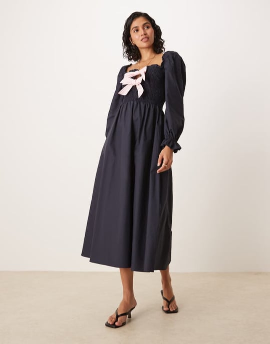 Glamorous puff sleeve midi dress with bow tie front in navy - Image 1