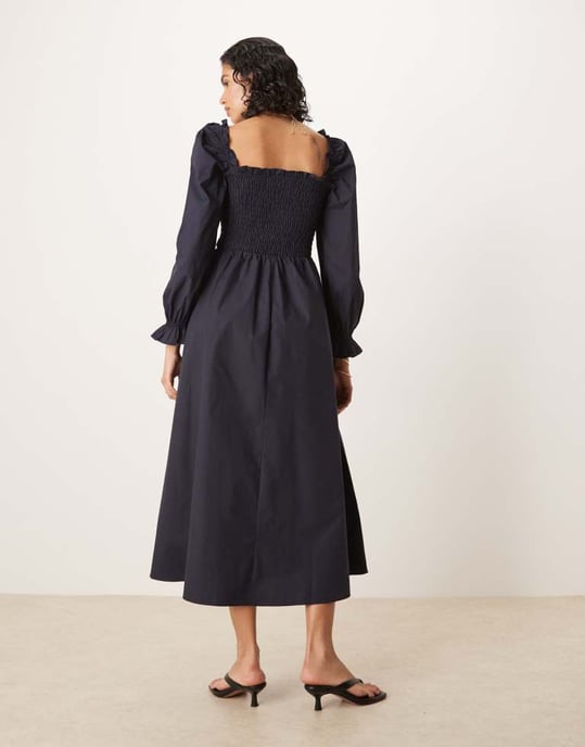 Glamorous puff sleeve midi dress with bow tie front in navy - Image 3