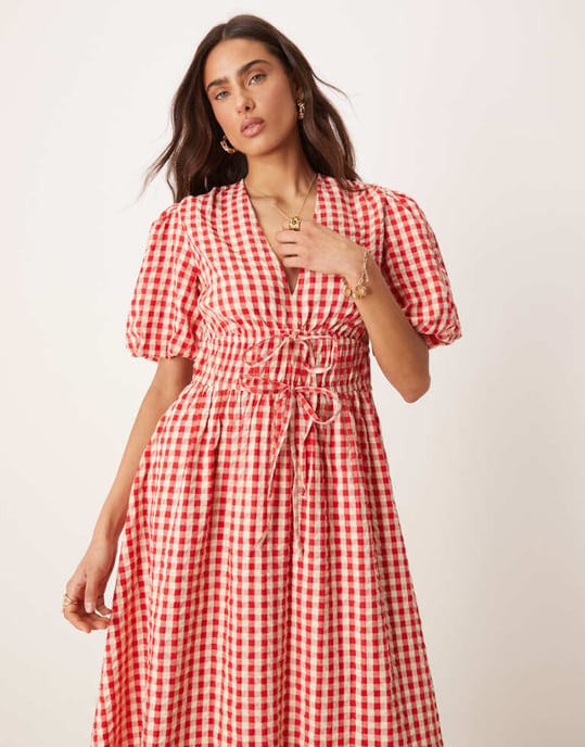Nobody's Child Scottie v-neck midi dress in red gingham - Image 1