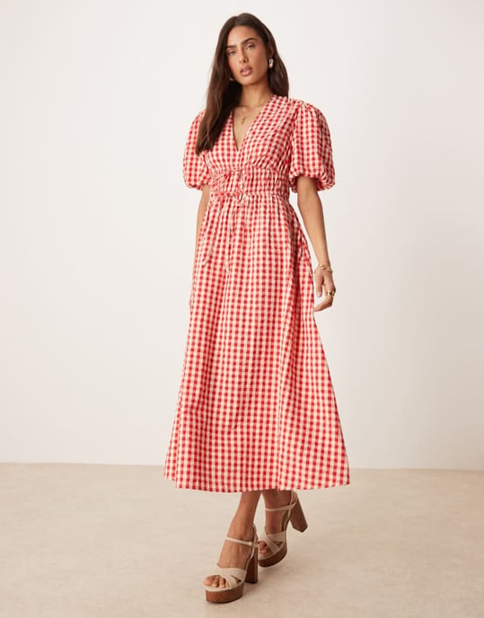 Nobody's Child Scottie v-neck midi dress in red gingham - Image 2