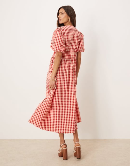 Nobody's Child Scottie v-neck midi dress in red gingham - Image 4
