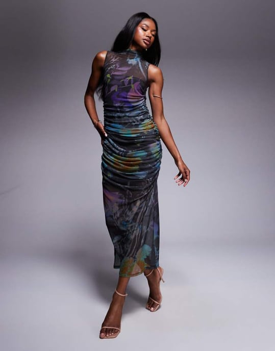 ASOS DESIGN mesh grown on neck ruched drape midi dress in abstract print - Image 1