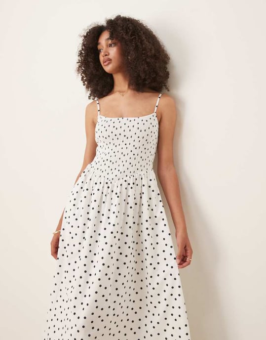 Abercrombie & Fitch dipped waist smocked poplin midi dress in polka dot - Image 1