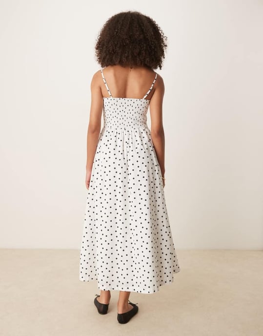 Abercrombie & Fitch dipped waist smocked poplin midi dress in polka dot - Image 2