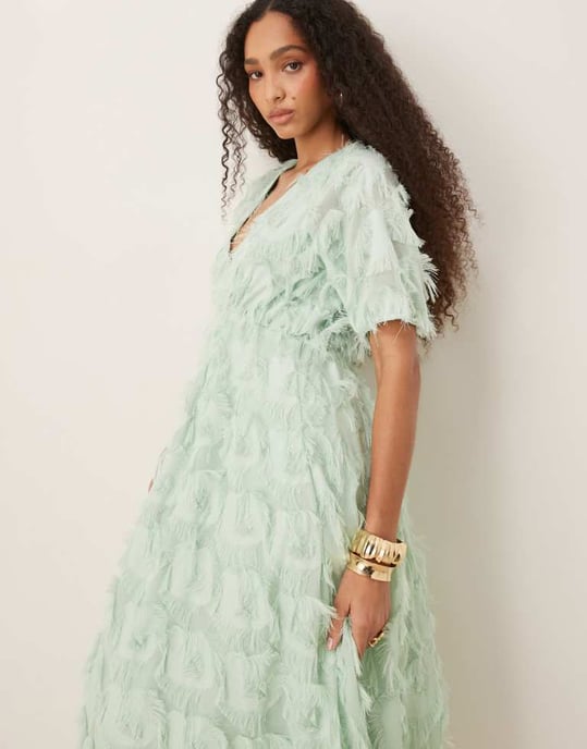 YAS textured v neck midi dress in mist green - Image 3