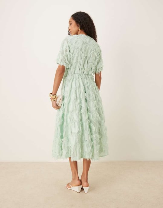YAS textured v neck midi dress in mist green - Image 4