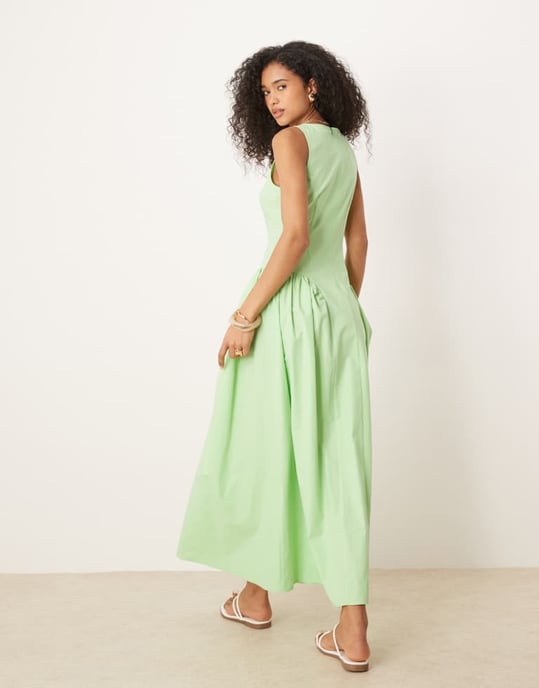 ASOS DESIGN slash neck waisted midi dress in green - Image 3