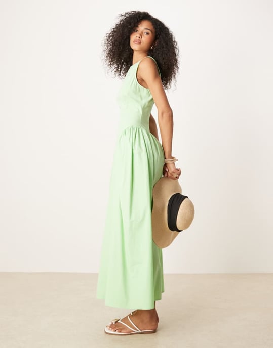 ASOS DESIGN slash neck waisted midi dress in green - Image 4