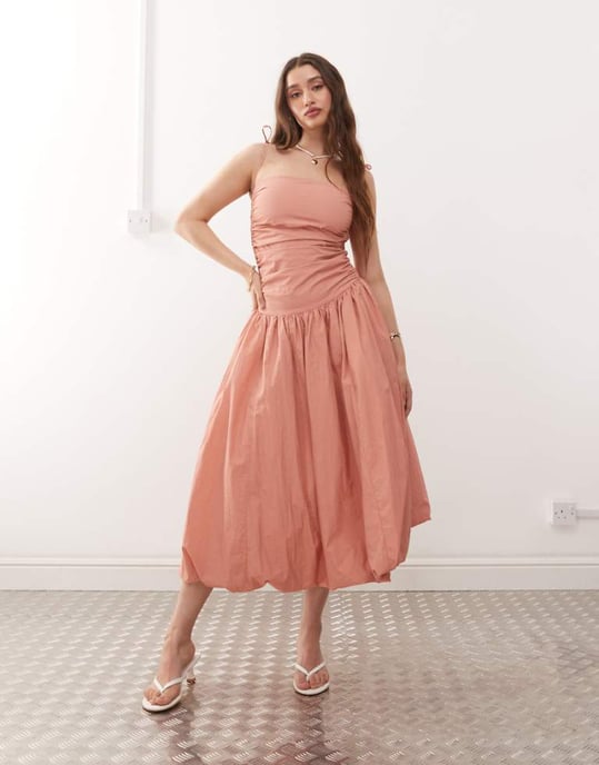 Amy Lynn Alexa tie shoulder puffball nylon midi dress in tawny - Image 1