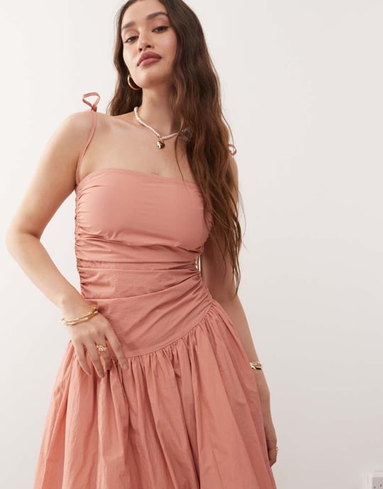 Amy Lynn Alexa tie shoulder puffball nylon midi dress in tawny - Image 3
