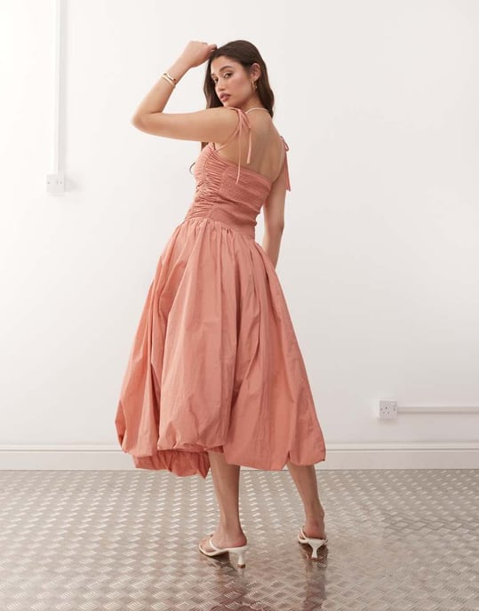 Amy Lynn Alexa tie shoulder puffball nylon midi dress in tawny - Image 4