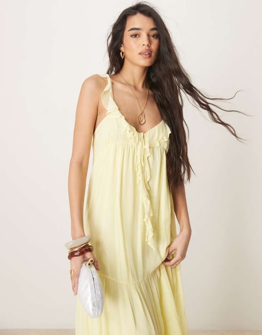 ASOS DESIGN frilled ruffle front maxi dress in lemon - Image 4