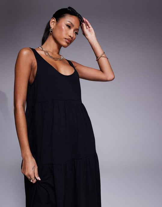 ASOS DESIGN scoop tiered trapeze maxi dress in black - Image 2
