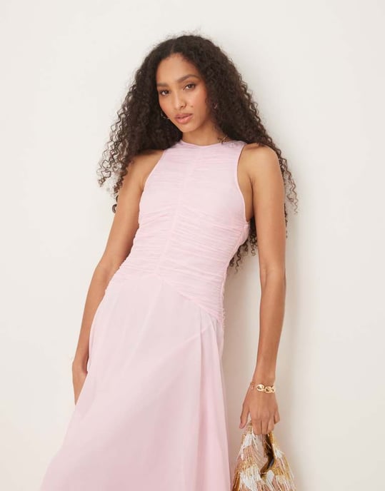 ASOS DESIGN racer neck ruched bodice dropped waist maxi dress in light pink - Image 3