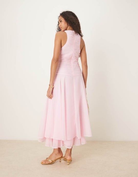ASOS DESIGN racer neck ruched bodice dropped waist maxi dress in light pink - Image 4