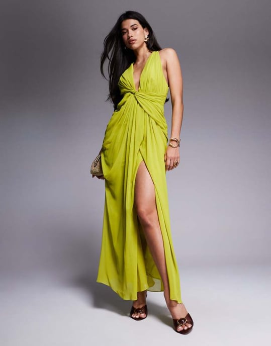 ASOS DESIGN draped plunge maxi dress with wrap detail in lime green - Image 1