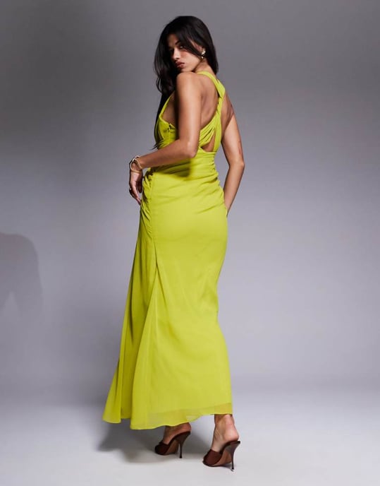 ASOS DESIGN draped plunge maxi dress with wrap detail in lime green - Image 2