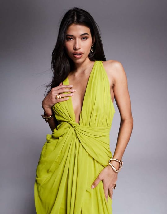 ASOS DESIGN draped plunge maxi dress with wrap detail in lime green - Image 3
