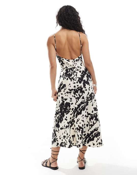 JJXX satin maxi dress with cow print in multi - Image 3