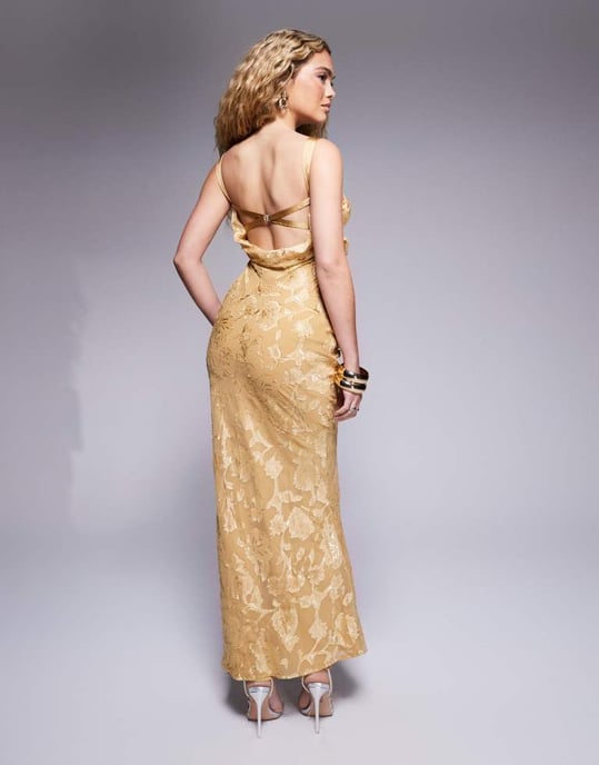 ASOS DESIGN satin corset detail draped bias maxi dress in floral burnout in gold - Image 3
