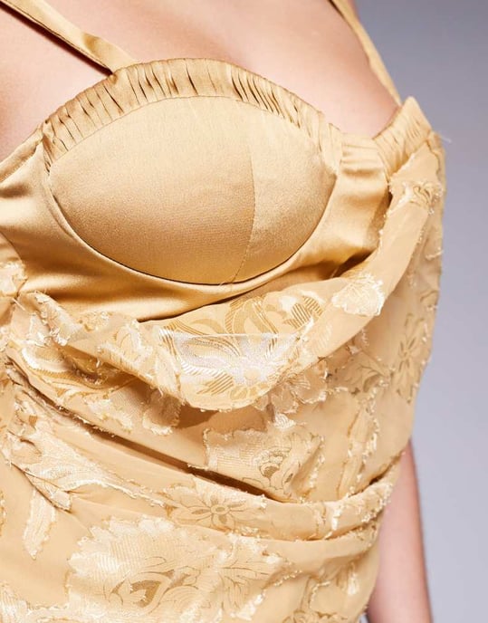 ASOS DESIGN satin corset detail draped bias maxi dress in floral burnout in gold - Image 4