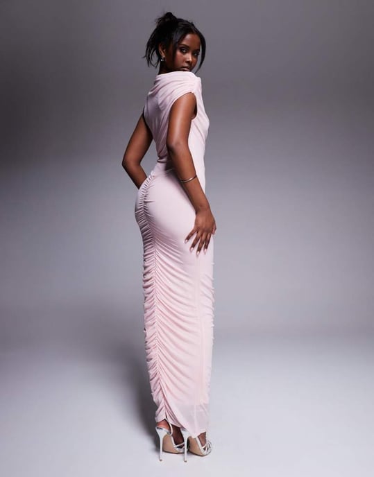 ASOS DESIGN mesh asymmetric neck off shoulder ruched maxi dress in light pink - Image 2