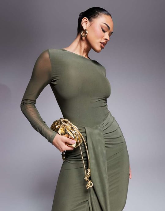 ASOS DESIGN mesh long sleeve slash neck open back maxi dress with sash in khaki - Image 2