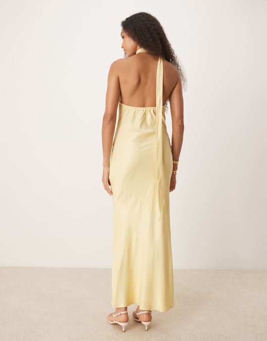 ASOS DESIGN satin tie neck detail maxi slip dress in buttermilk - Image 4