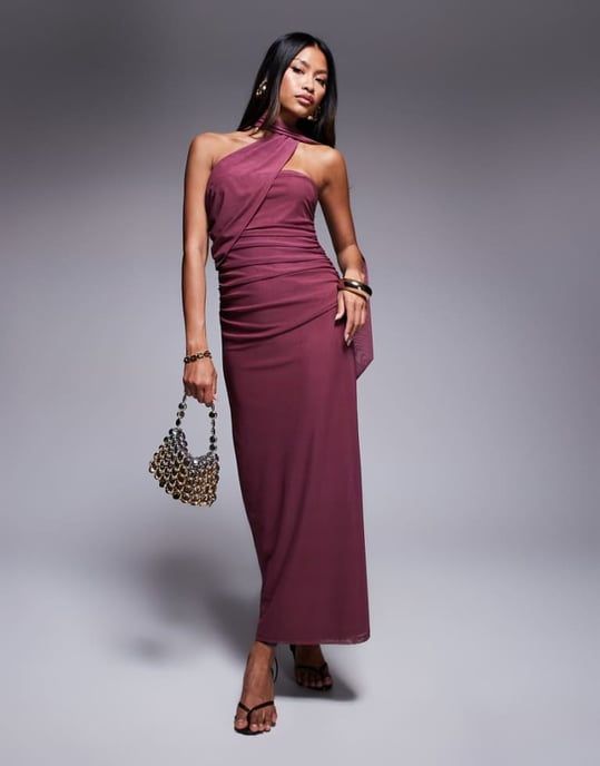 ASOS DESIGN bandeau mesh maxi dress with scarf detail in dusky pink - Image 1