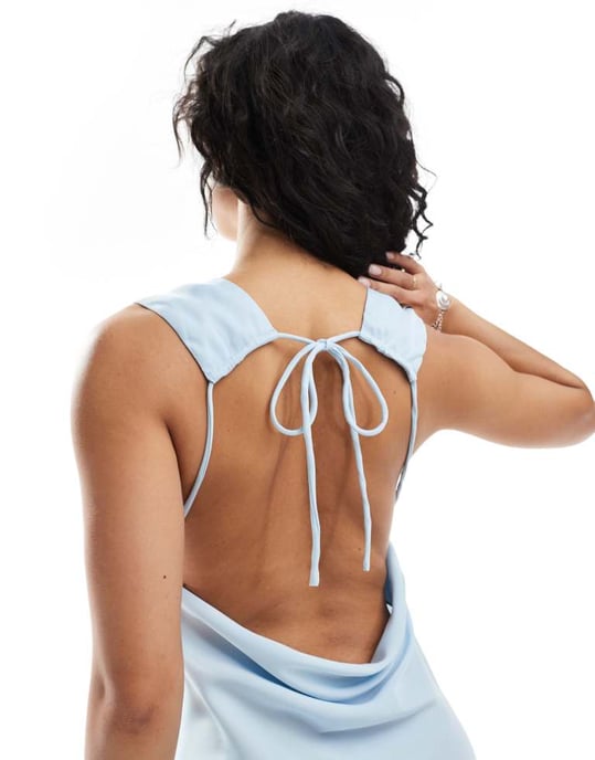 JJXX satin maxi dress with open back in light blue - Image 2