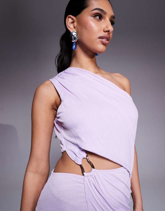 ASOS DESIGN pleated maxi dress with asymmetric one shoulder and twist skirt in lilac - Image 2