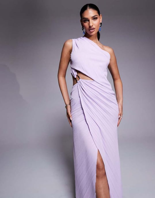 ASOS DESIGN pleated maxi dress with asymmetric one shoulder and twist skirt in lilac - Image 3