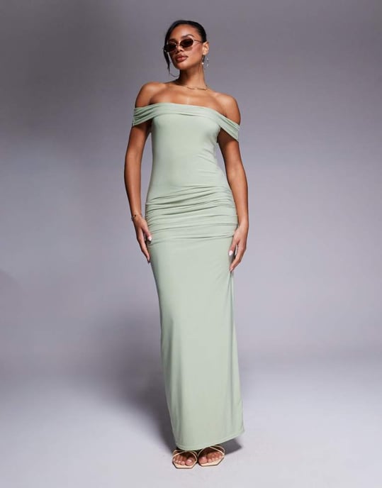 Kaiia exclusive double layered slinky bardot gathered waist detail maxi dress in sage - Image 1