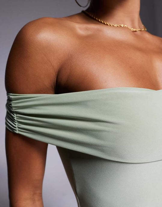 Kaiia exclusive double layered slinky bardot gathered waist detail maxi dress in sage - Image 3