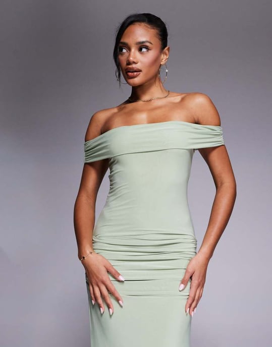 Kaiia exclusive double layered slinky bardot gathered waist detail maxi dress in sage - Image 4